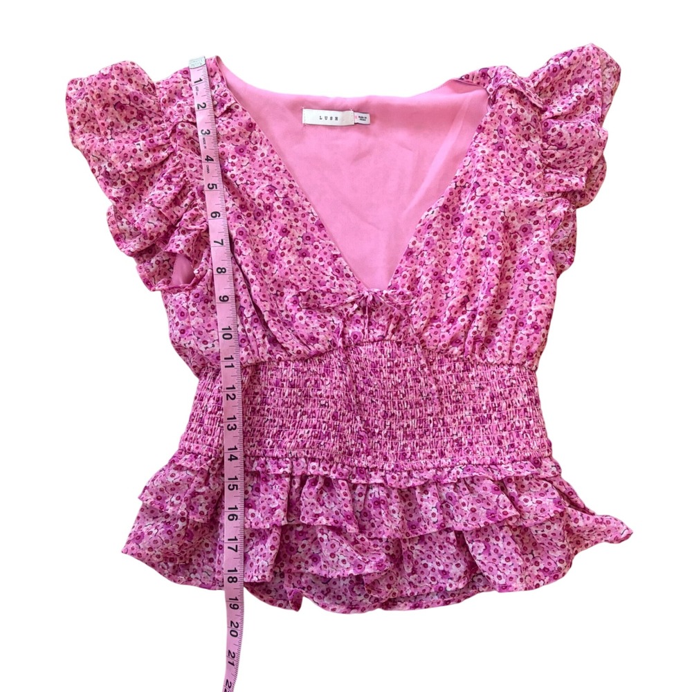 Lush Pink Floral Smocked Peplum Top Sz Small Ruffle Sleeve Cottagecore Soft Girl - Picture 5 of 8